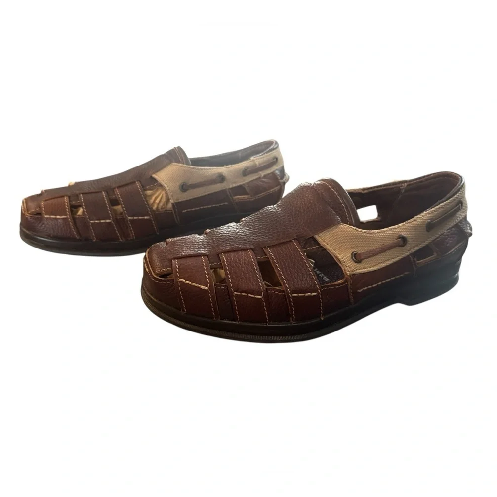 NWOT Hitchcock Men's Brown and Tan Slip-On Loafers, Fisherman Shoes